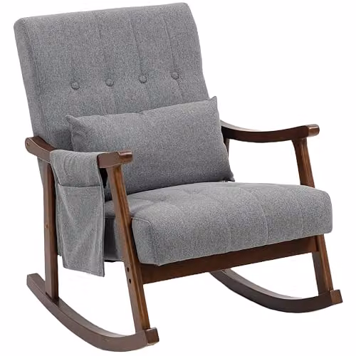 HOMCOM Modern Grey Fabric Rocking Chair with Solid Wood Frame and Armrests W/D/H: 65 x 84 x 87 cm