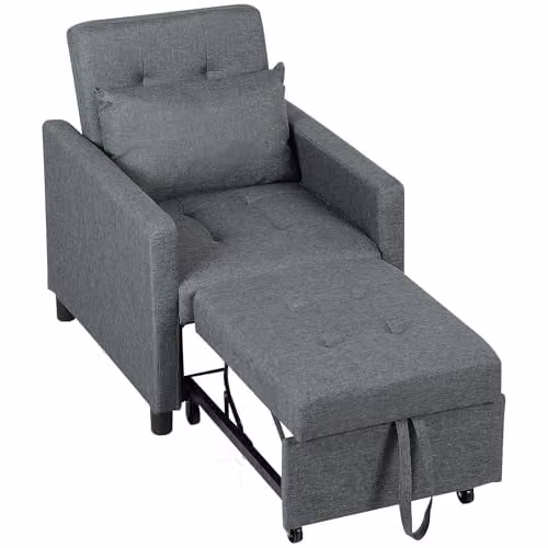HOMCOM 3 in 1 Convertible Sofa Bed and Sleeper Chair in Grey Fabric with Solid Wood Frame – 1