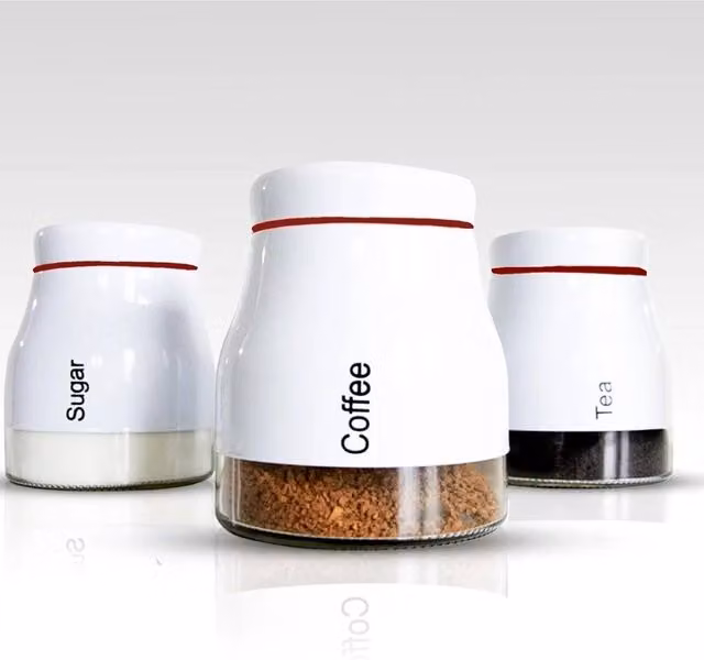 FLAVORA Set of 3 White and Transparent Glass Kitchen Storage Canisters for Tea, Coffee and Sugar