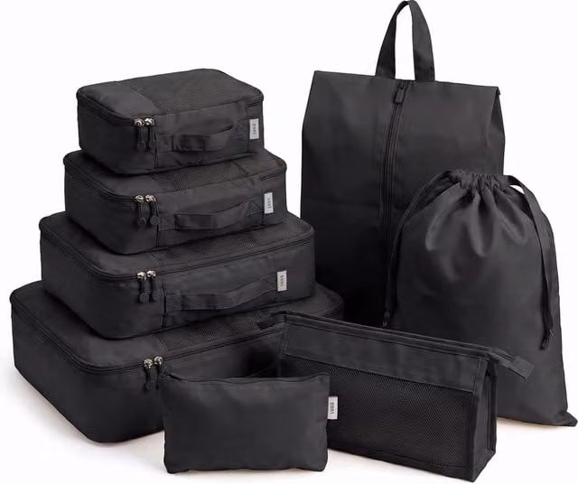Lugg 8 Set Compression Packing Cubes Suitcase Organiser Set in Black – 1