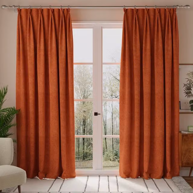 Linda Barker Petal Made to Measure Opaque Chenille Fabric Curtain Panel in Deep Terracotta Orange