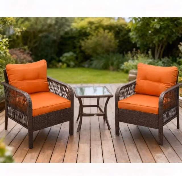 ERGOVEXA 3 Piece Rattan Bistro Set with Glass Top Coffee Table, Orange