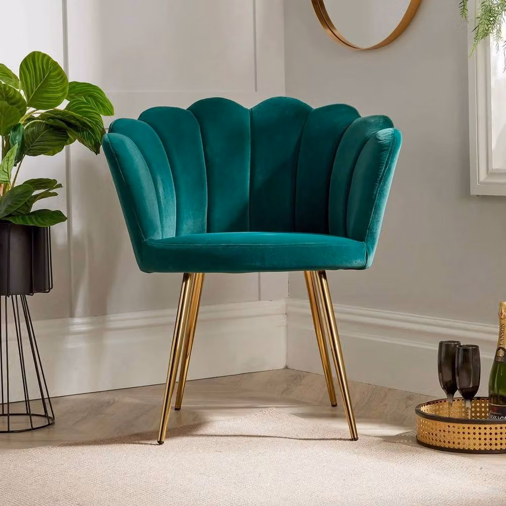 FORGEVIO Green Art Deco Shell Wing Back Armchair with Gold Metal Frame and Fabric Upholstery – 3