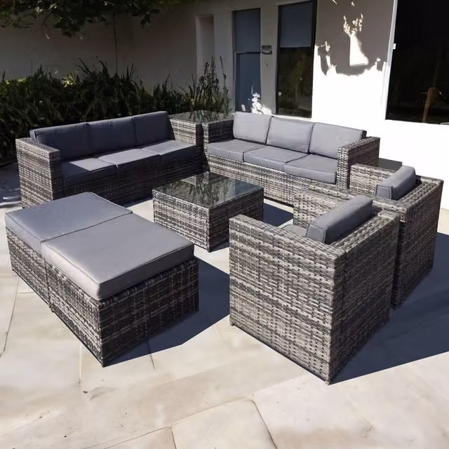 Oseasons Malta 10 Seat U-Shape Rattan Garden Set with 2 Footstools in Walnut Grey