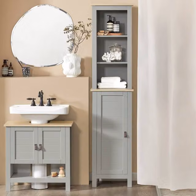 SoBuy Grey Rustic Bathroom Tall Cabinet with Hinged Doors and Internal Shelves – 1
