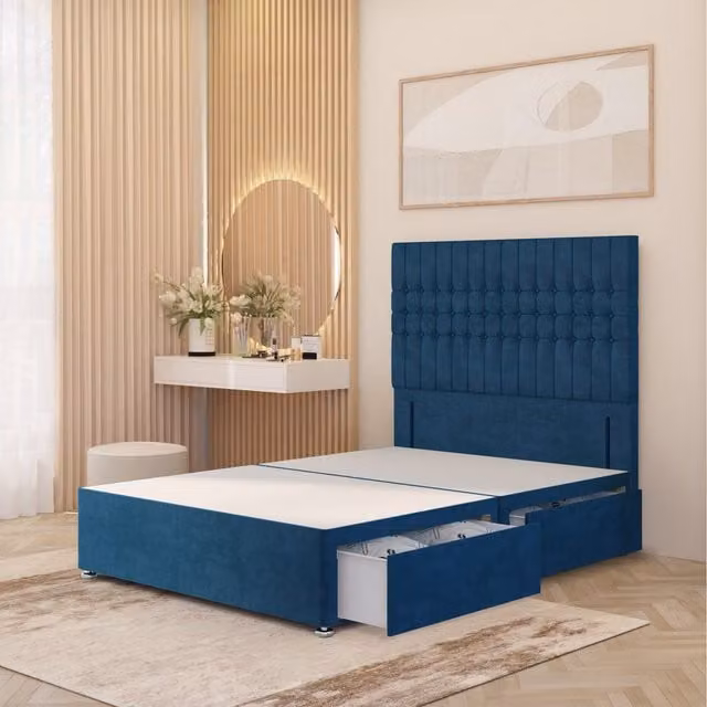 Somnior Beds Ltd Lexington Divan Bed Base with 54 inch Floor Standing Headboard in Blue Plush Velvet with Drawers, W/D/H: 120 x 200 cm