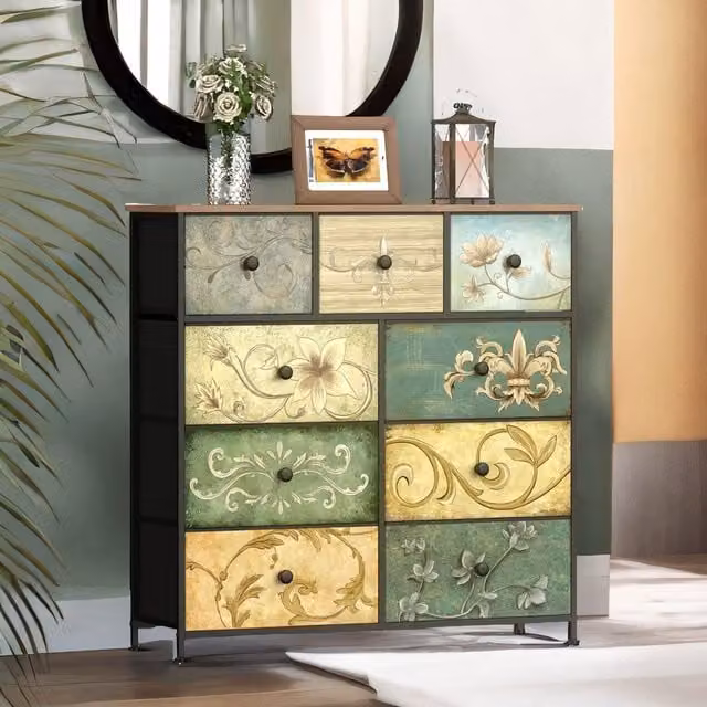 FURNOS 9 Fabric Drawer Bedroom Dresser with Vintage Floral Patterns in Brown and Multicolour