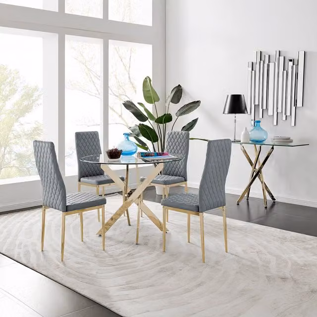 FurnitureboxUK Novara Round Glass Dining Table with 4 Milan Chairs in Grey and Gold