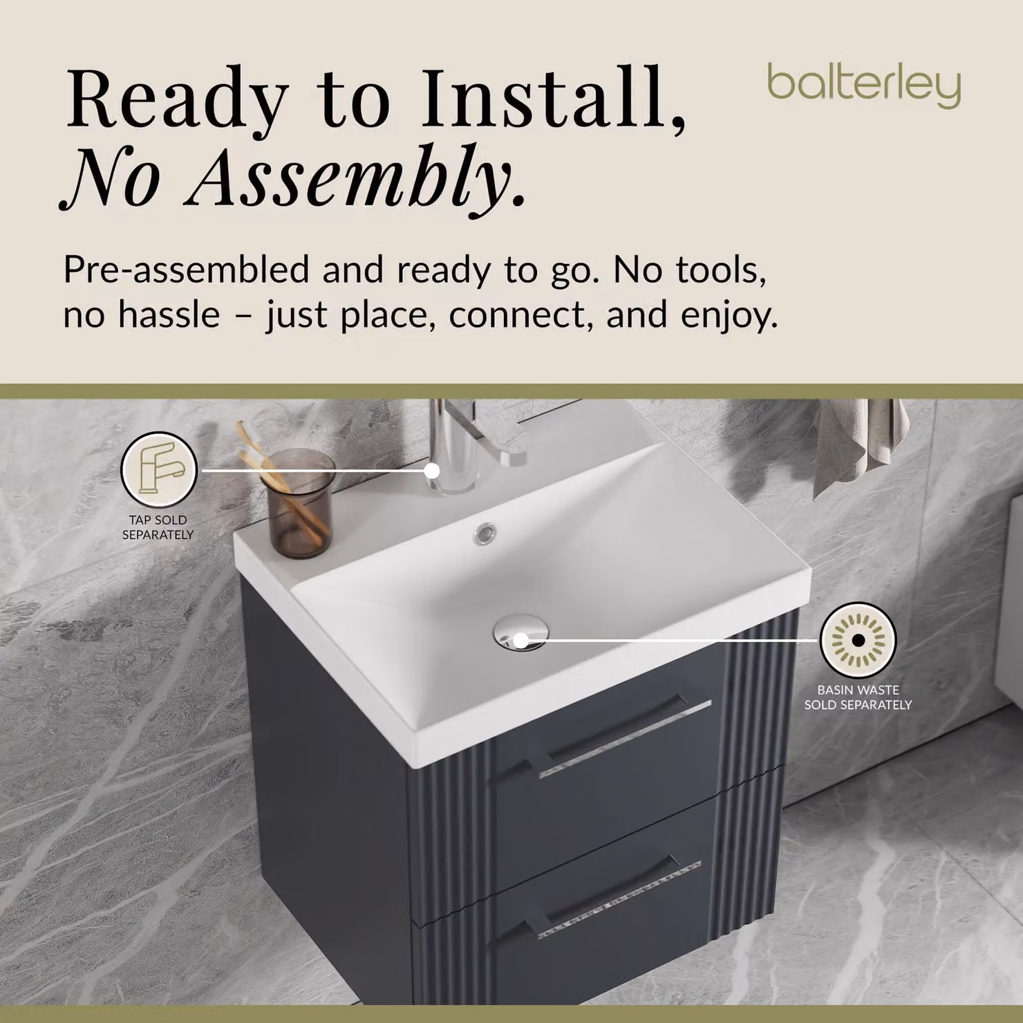 Balterley Wall Hung 2 Drawer Vanity Unit with Thin-Edge Vitreous China Basin, Satin Dark Grey, W: 50 cm, D: 55 cm, H: 50 cm – 4