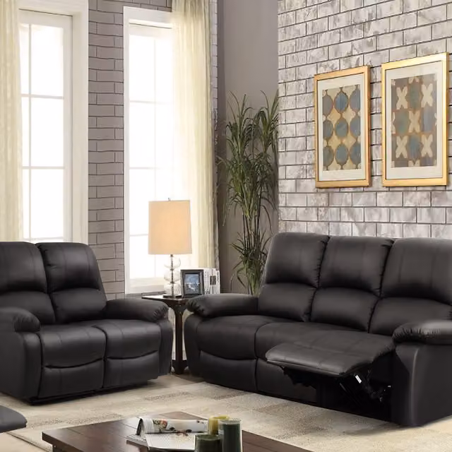Comfy Living Black PU Leather Reclining Sofa Set with 3 Seater and 2 Seater Sofas