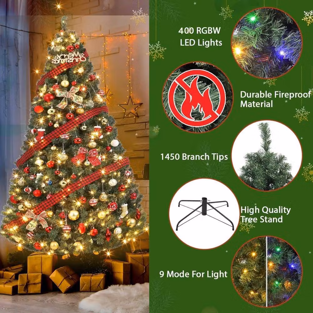 London Boutique 7.5ft Artificial Christmas Tree with 1450 Branches and LED Lights in Green – 4