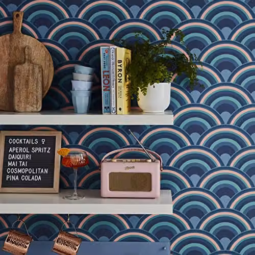 Graham & Brown Curve Earth Geometric Retro Abstract Wallpaper in Blue, Pink, Terracotta and Multicolour, W: 52 cm, H: 1000 cm – 3