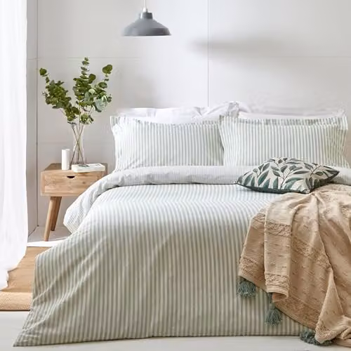 Yard Hebden Reversible Striped 100% Cotton Duvet Cover and Pillowcase Set, Green, Single (90 x 200 cm)