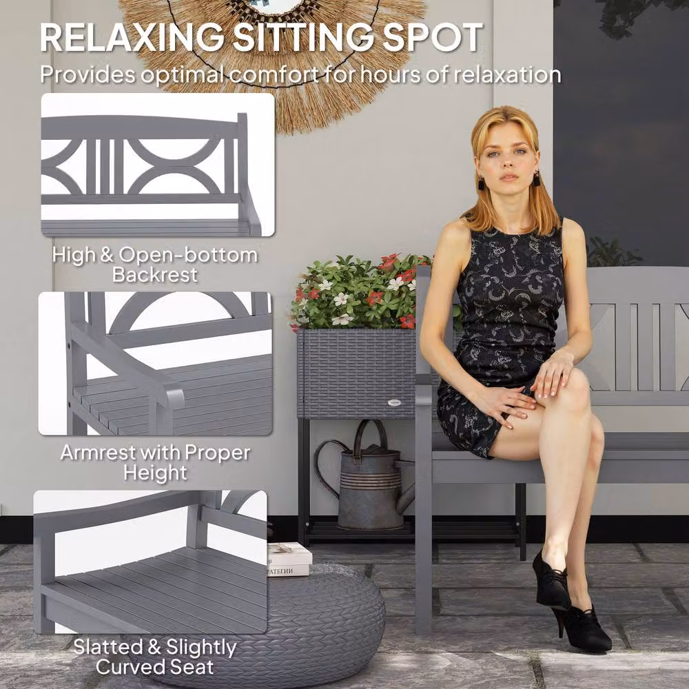 OUTSUNNY 2-Seater Grey Treated Hardwood Garden Bench with Armrests – 5
