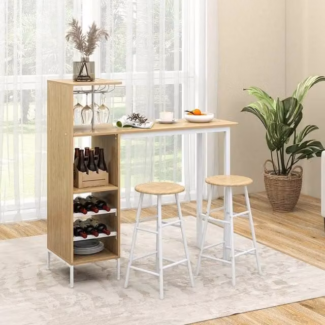 VOGREX 3-Piece Industrial Bar Dining Set with Rectangular Wood Table, 2 Stools and Wine Rack in Brown – 1