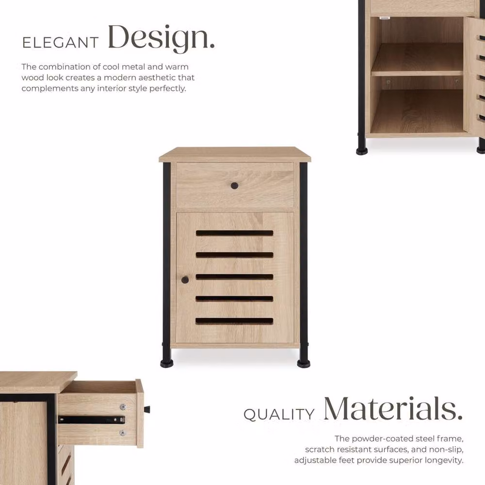 tectake Waterford Bedside Table in Light Oak with Shelf, Drawer and Cupboard, W/D/H: 40 x 42 x 60.5 cm – 3