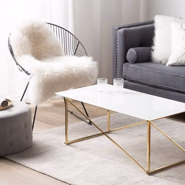 Wyld and Coco Modern Rectangular Coffee Table with White Tempered Glass and Gold Metal Legs W/D/H: 100 x 50 x 40 cm