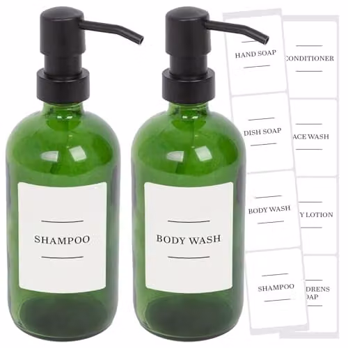 Harbour Housewares Pack of 2 Green Glass Soap Dispensers with Black Pumps and White Labels, 500ml – 1