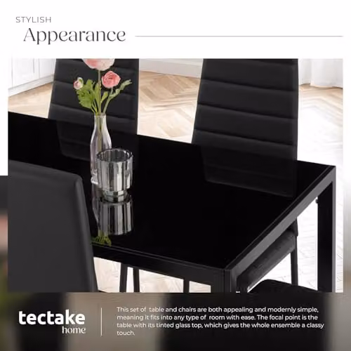 tectake Modern Dining Table Set with 6 Black Faux Leather Chairs and Glass Top – 6