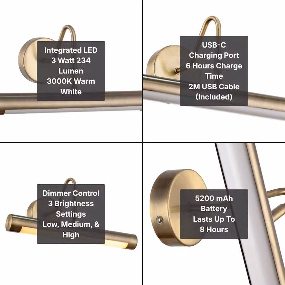 Happy Homewares Modern Rechargeable and Portable LED Picture Wall Light with Touch Dimmer in Gold/Brass – 4