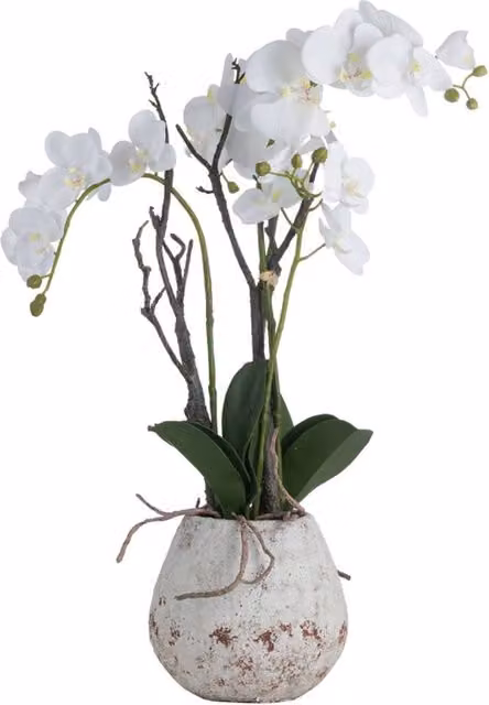 Lemon Pavilion Furniture and Decor White Artificial Orchid in a Stone Pot, W46 x D46 x H70 cm