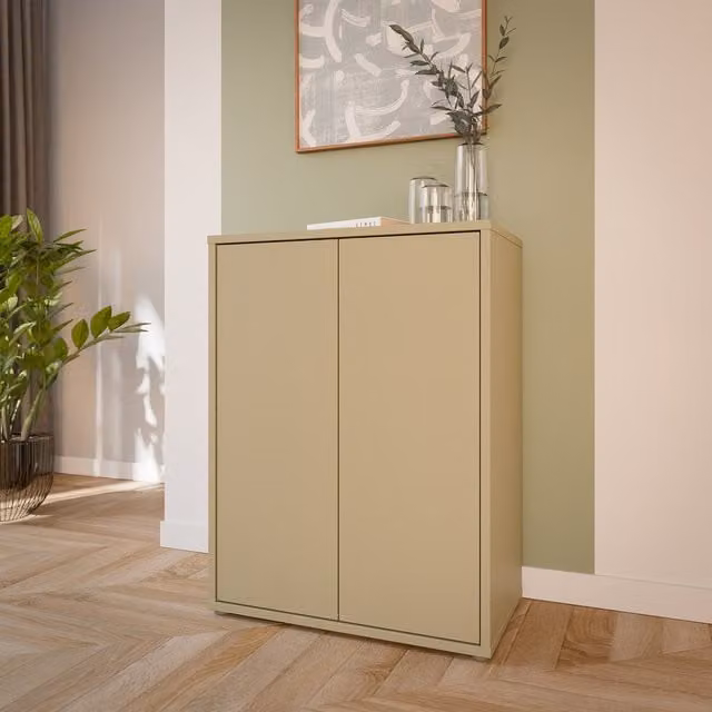 Furniture To Go Alice Springs Tall 2 Door Cabinet with Push-Open Doors in Light Grey and Butter Yellow