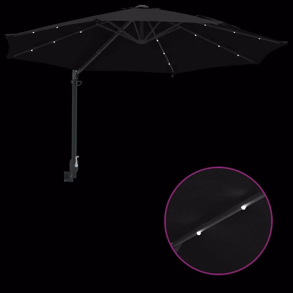 Berkfield Home Traditional Wall-mounted Garden Parasol with LEDs, Black, Diameter: 248 cm – 5