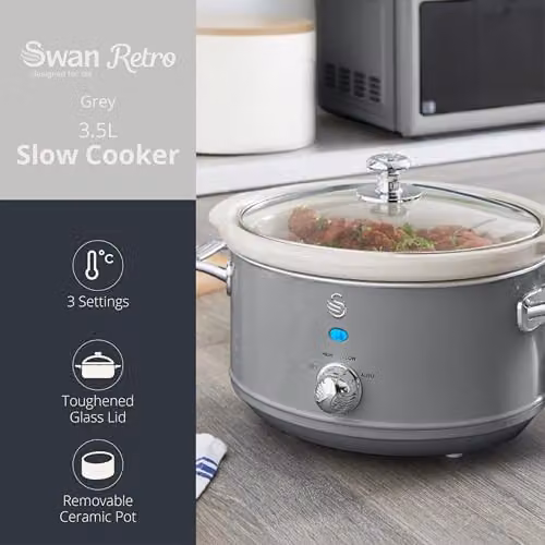 Swan Retro Slow Cooker with Keep Warm Function and Dishwasher Safe Parts, 3.5L, 200W, Grey – 3