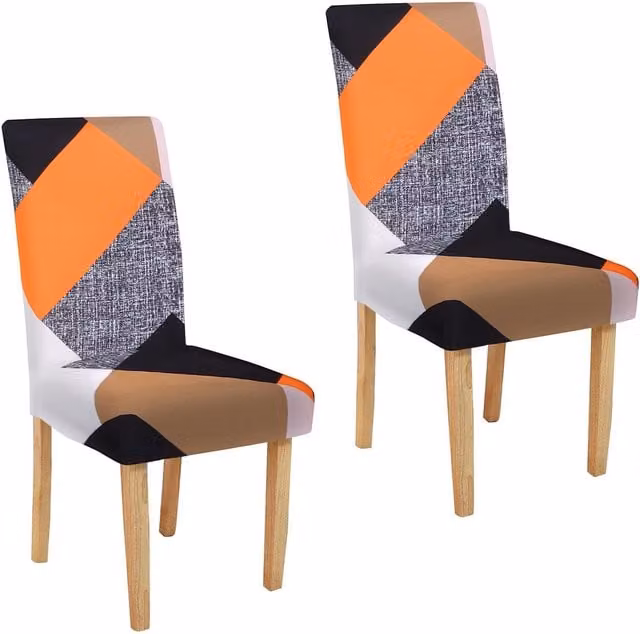 Roseley Pack of 2 Stretchable Dining Chair Covers in Multicolour Orange Graphic Pattern