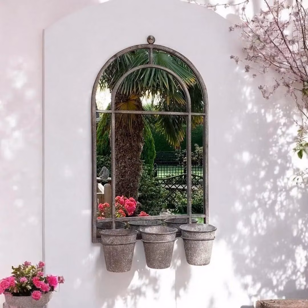 Minster Wall Mirror with Triple Planter in Grey Distressed Metal, W: 45 cm, D: 15 cm, H: 78 cm – 2