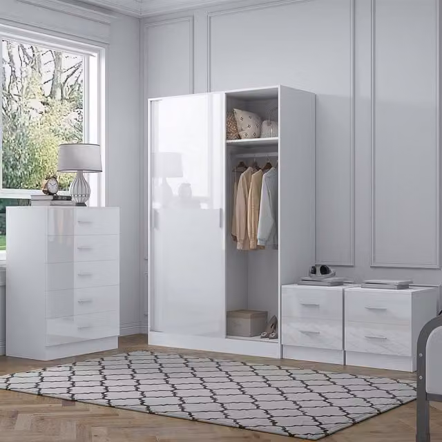 REFLECT Bedroom Furniture Bundle including Sliding Wardrobe, Tall Chest and 2x Bedsides in White Gloss and Matt White