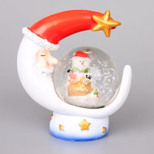 SHATCHI Christmas Mini Snowglobe Water Ball with Santa, Reindeer, Snowman and Teddy Scene, Multicolour Moon Shape Base, W/D/H: 5.5 x 5.5 x 7 cm
