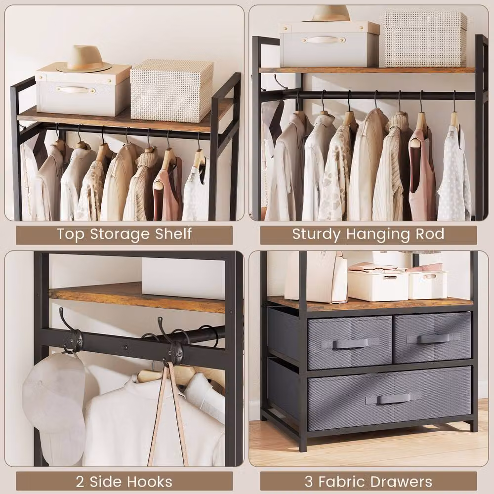 Costway Heavy Duty Industrial Clothes Rack with Drawers and Shelves in Brown and Black – 3