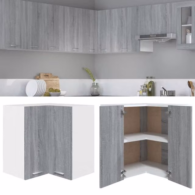 Berkfield Home Grey Sonoma Wall Mounted Corner Kitchen Cabinet with Hinged Doors W/D/H: 57 x 57 x 60 cm – 1