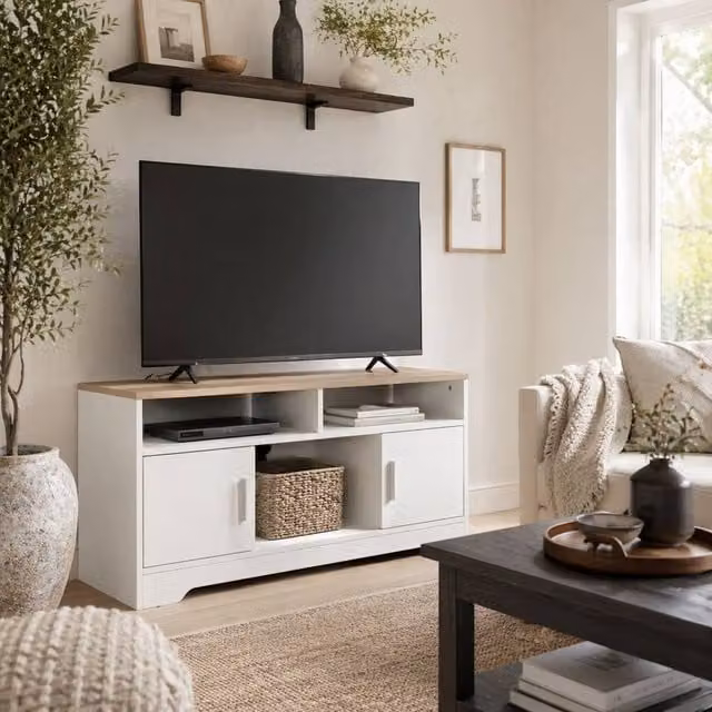 Wyld Haus Tadori TV Console in White and Wood with 2 Doors and Open Shelves, W: 105 cm, D: 40 cm, H: 52 cm
