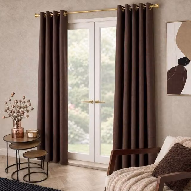 OHS Woven Texture Pair of Brown Blackout Eyelet Curtains, Width: 228 cm, Drop: 228 cm – 1