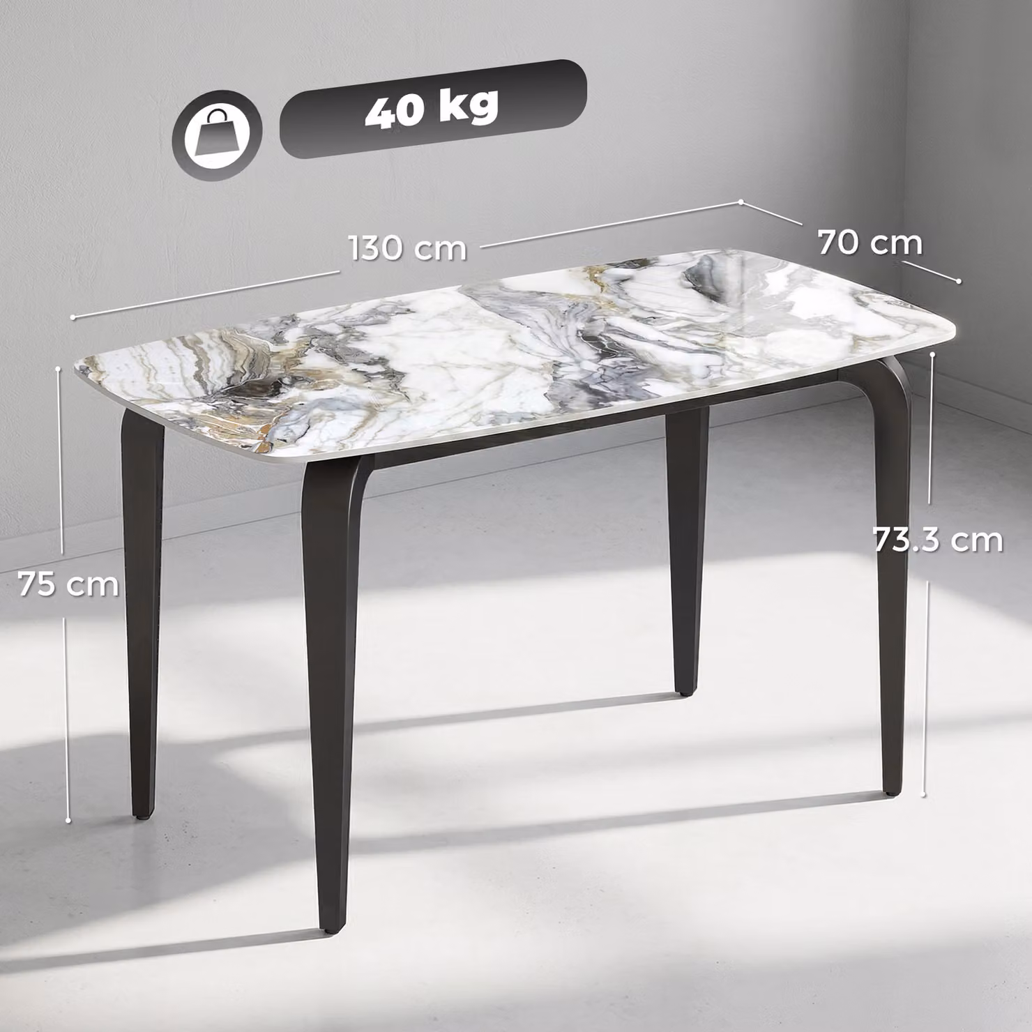 HOMCOM Modern Rectangular Dining Table with White Glossy Ceramic Sintered Stone Top and Metal Legs, W/D/H: 130 x 70 x 75 cm – 3