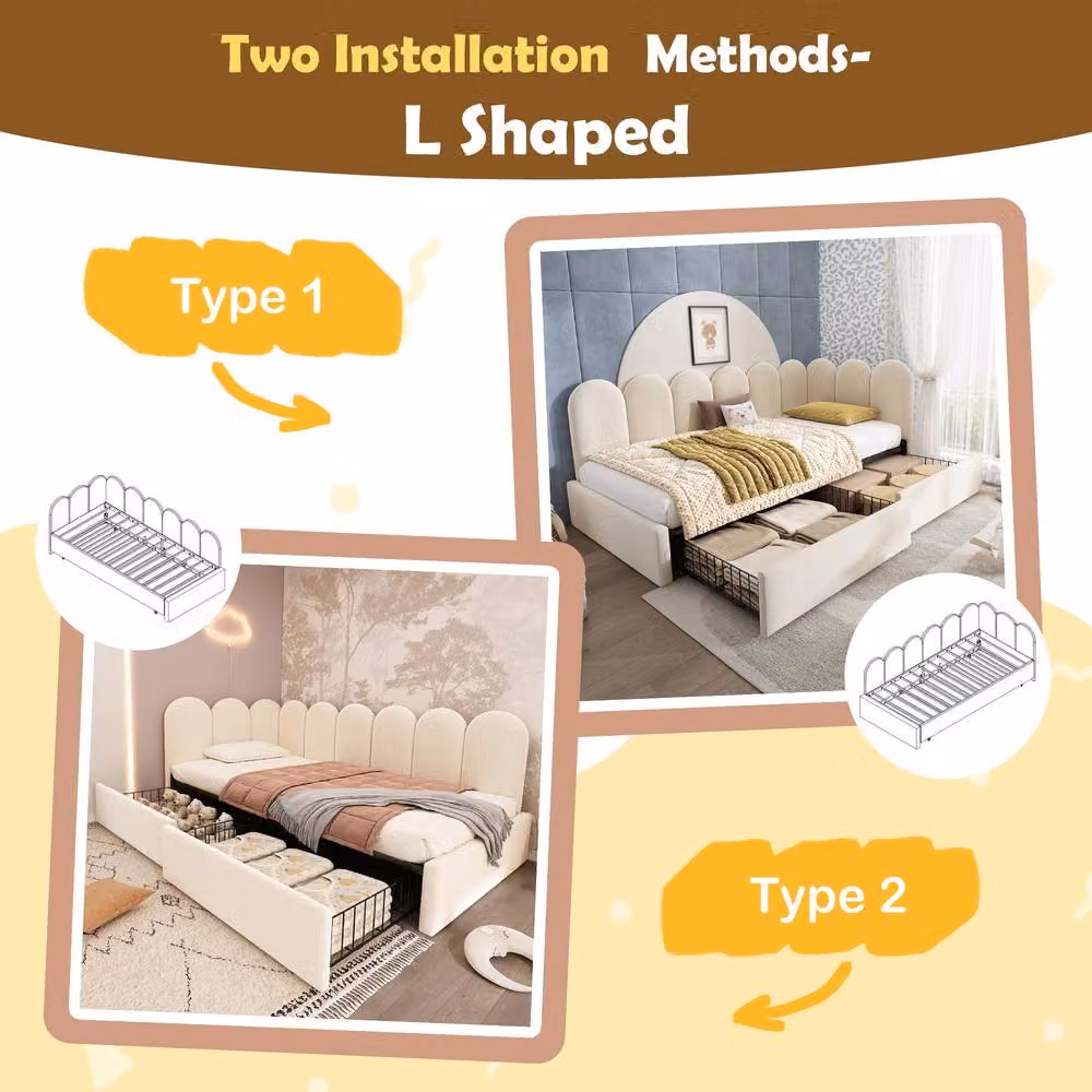 Rolipo Beige Velvet Single Sofa Bed with Storage Drawers W/D/H: 90 x 190 x 76 cm – 3