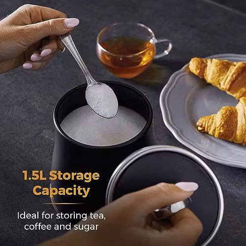 Tower Renaissance Set of 3 Airtight Stainless Steel and Silicone Storage Canisters for Coffee, Sugar and Tea, Black, 1.5 l – 3