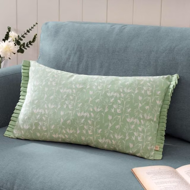 Wylder Belle Botanical Pleat Fringe Cotton Cushion in Green, W: 50 cm, H: 30 cm, D: 30 cm