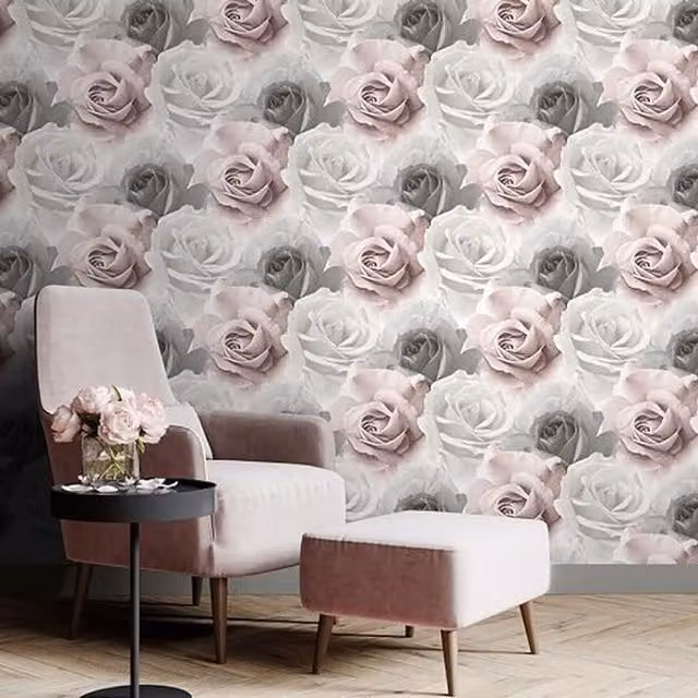 Muriva Rhoda Rose Floral Botanical Wallpaper in Pink and Grey