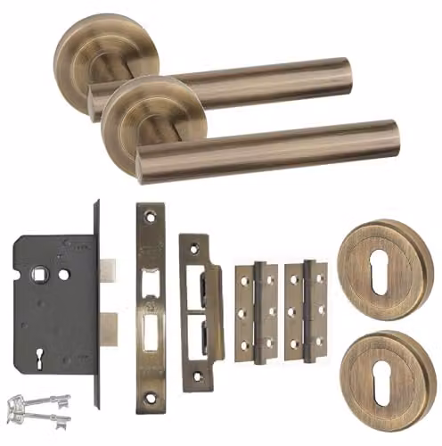 Golden Grace T-Bar Door Handle Lock and Hinge Set in Antique Brass