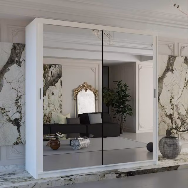 Sliding Wardrobes 4U Double Mirror Sliding Wardrobe with LED Light and Integrated Drawers in White, W: 90 cm, H: 200 cm, D: 62 cm