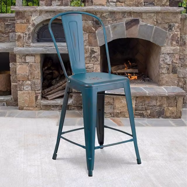 FWStyle Blue Distressed Metal Industrial Counter High Stools for Indoor and Outdoor Use