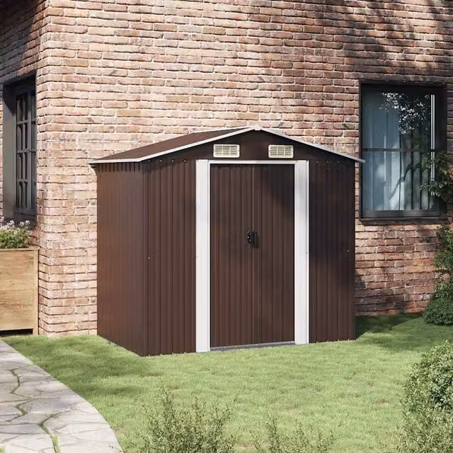Berkfield Home Brown Galvanised Steel Garden Storage Shed with Sliding Gable Doors W/D/H: 204 x 132 x 186 cm – 1
