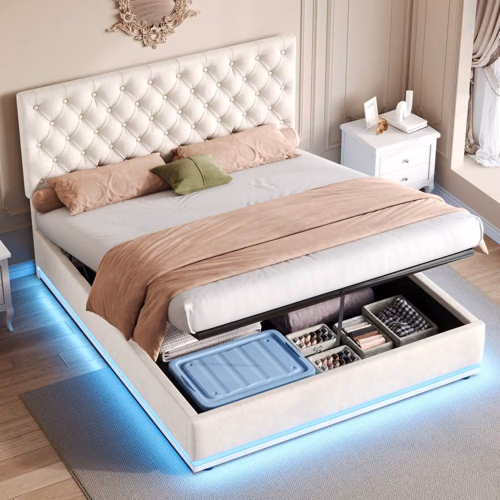 BTM Double Ottoman Bed with LED Lighting and Hydraulic Storage in Beige Velvet Fabric, W/D/H: 140 x 200 x 142 cm – 2