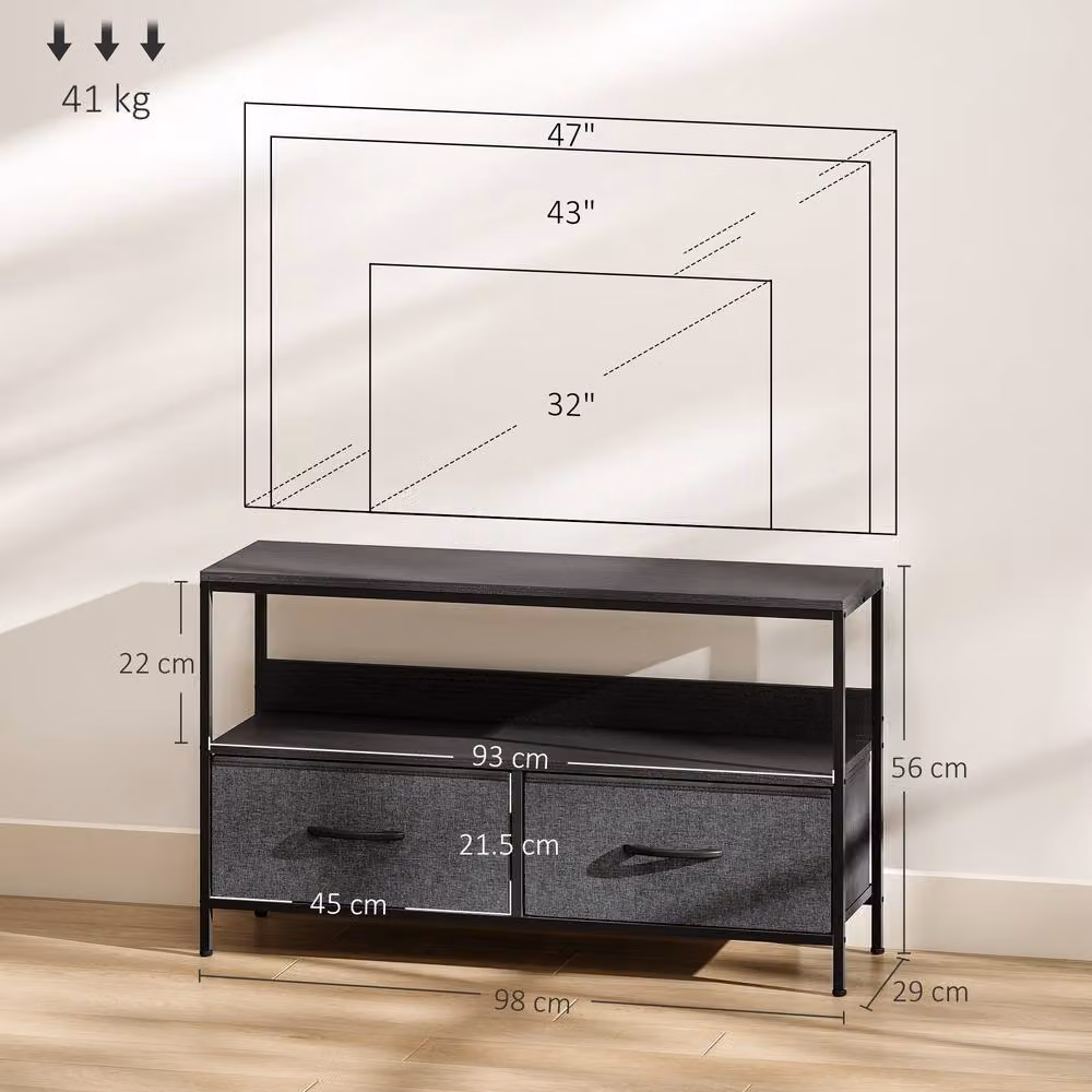 STILVORA Industrial Metal TV Stand in Matt Black with 2 Drawers and Shelf – 4