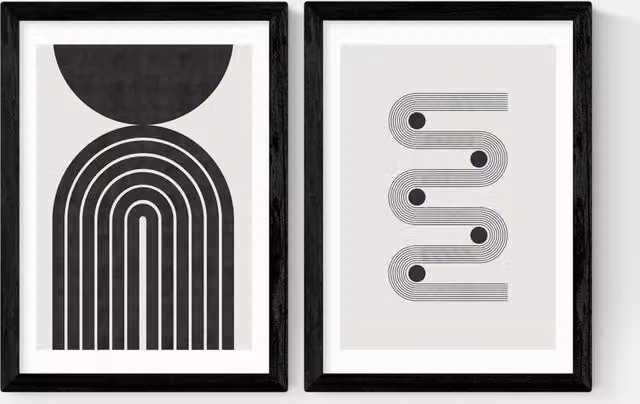 East End Prints Retro Monochrome Twin Set Abstract Geometric Framed Art in Black