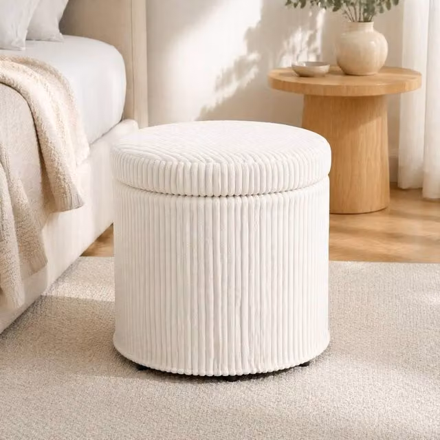 STILVORA Cylindrical Storage Ottoman in Beige with Hidden Storage, W/D/H: 40 x 40 x 40 cm – 1