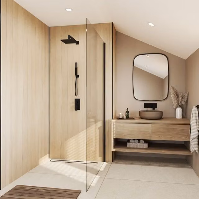 Wetwall English Oak Laminate Wall Panel with Tongue and Groove, W: 118.5 cm, H: 242.0 cm, D: 1.1 cm